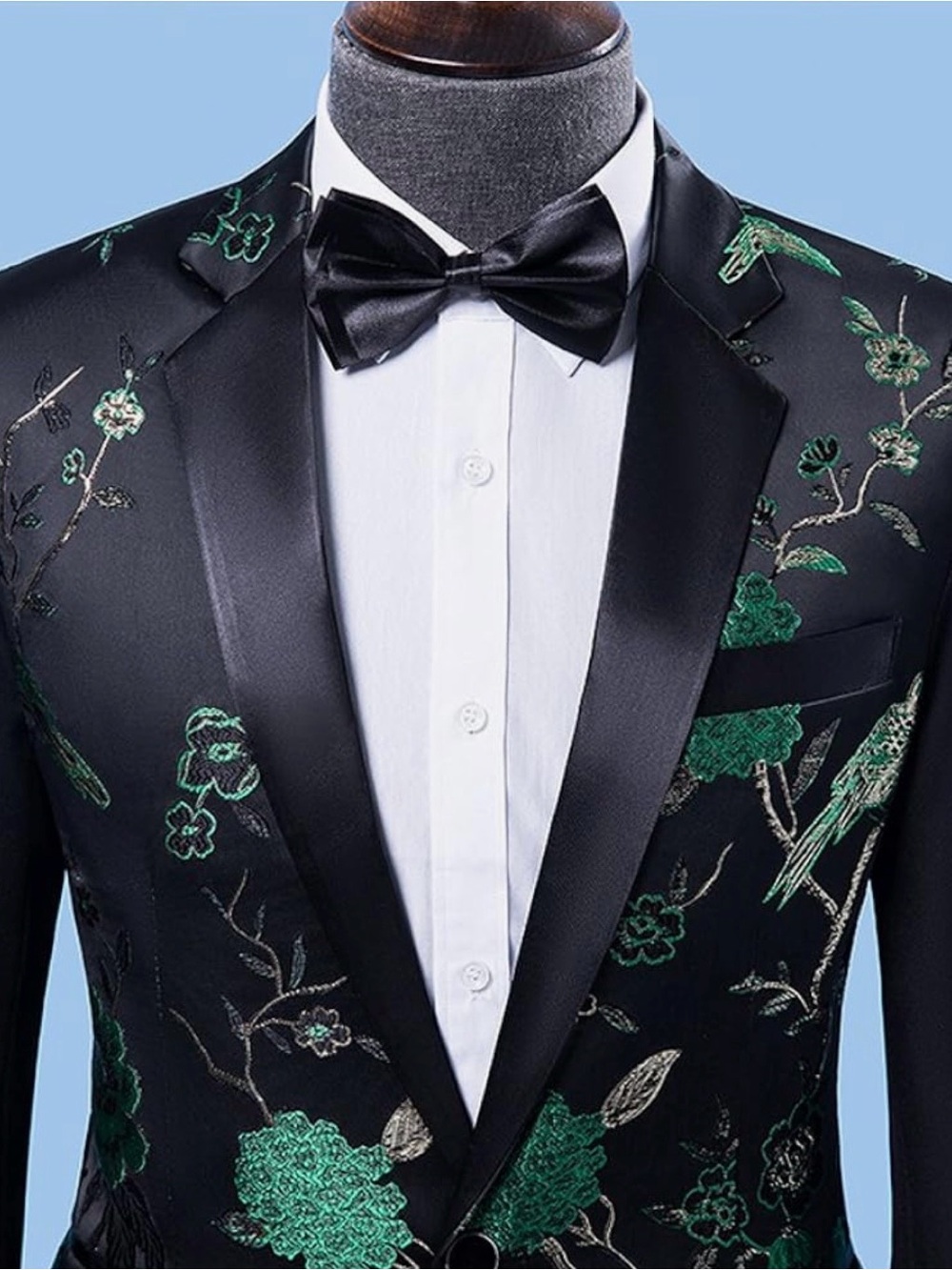 Fun Prom Event Black Blazer with Green and Gold Embroidered Bird Motif - Picture 2 of 8